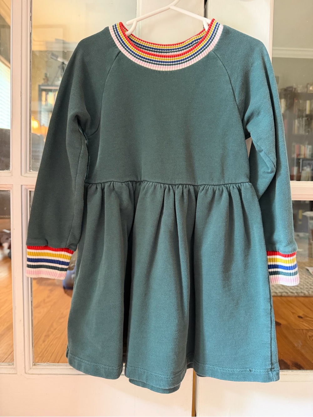 Hanna Andersson Green French Terry Dress with Rainbow Trim